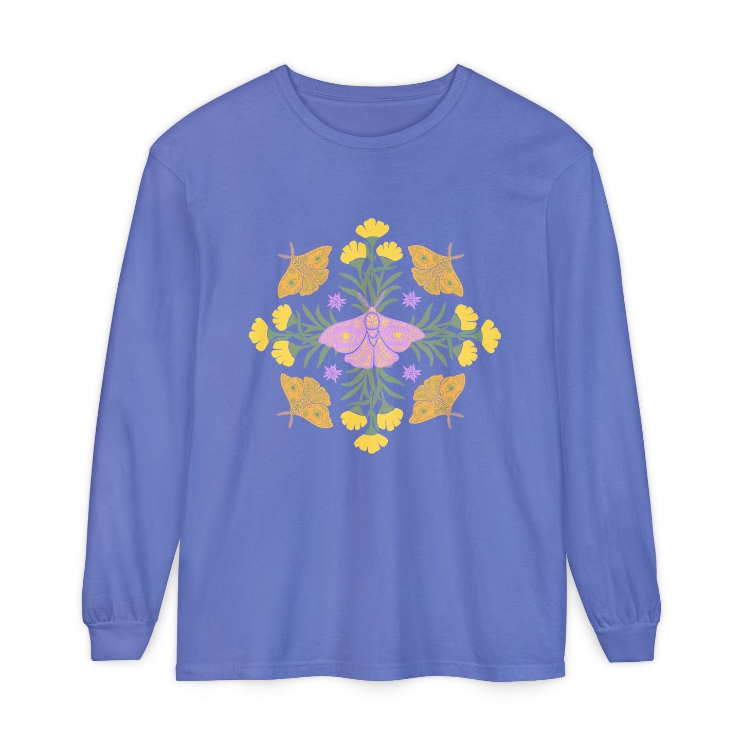 Blue long-sleeve crewneck t-shirt featuring a colorful central graphic of a purple butterfly surrounded by yellow flowers and green leaves, with orange butterflies on either side. A mandala.