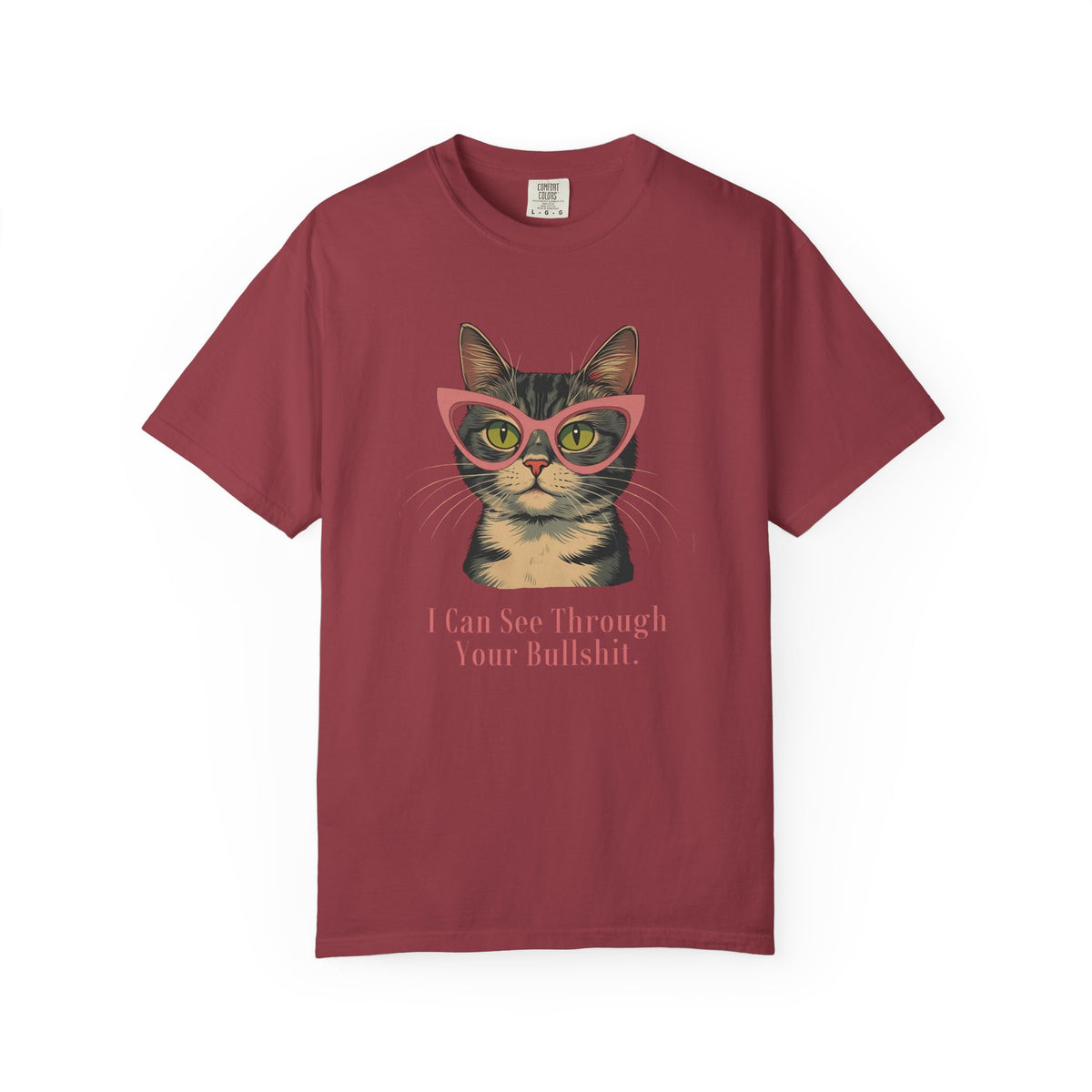 Red short-sleeve t-shirt with a graphic of a tabby cat wearing pink glasses and the text 'I Can See Through Your Bullshit.' printed below, displayed on a clean white background.