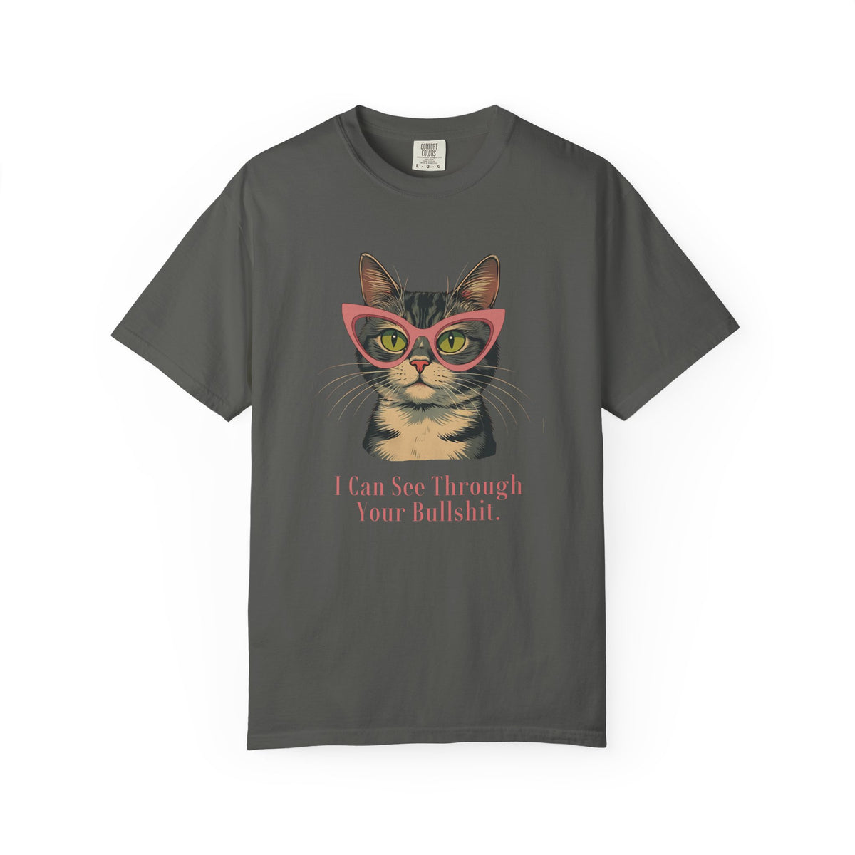 Vintage Blackshort-sleeve t-shirt with a graphic of a tabby cat wearing pink glasses and the text 'I Can See Through Your Bullshit.' printed below, displayed on a clean white background.