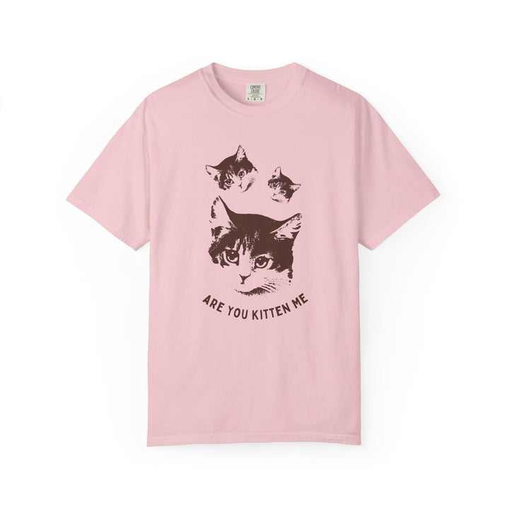 Pink t-shirt with cat graphic and text 'Are you kitten me' 