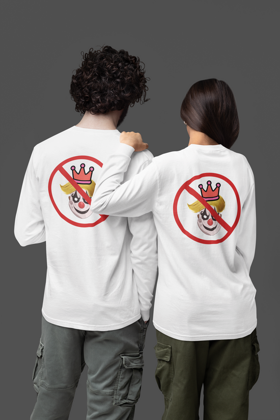 A dark charcoal gray and a white long-sleeve t-shirt with a graphic print on the back. The graphic features a clown face with yellow hair and a pink crown, overlaid with a red prohibition symbol (circle with a diagonal slash). 