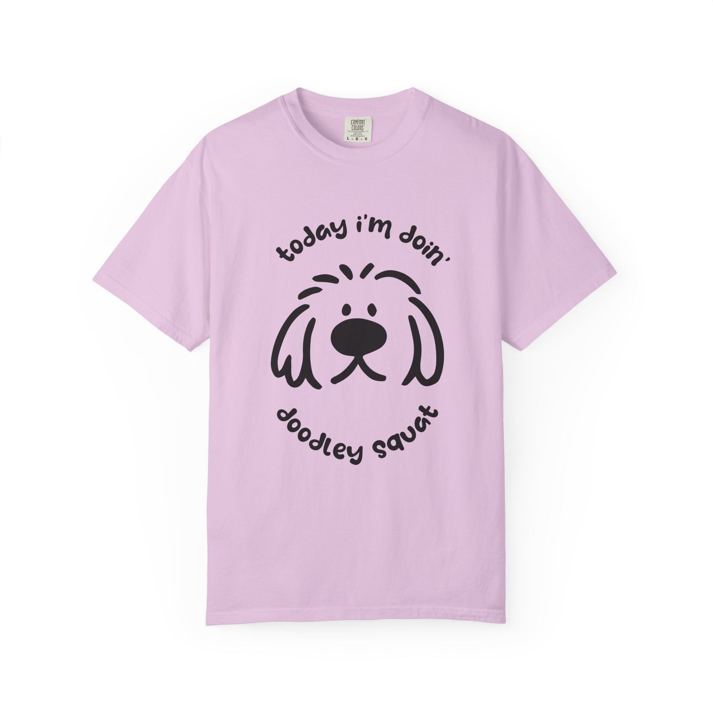 Purple  short-sleeve crewneck t-shirt featuring a black graphic of a dog's face with the text 'Today i'm Doin' Doodley Squat" displayed on a clean white background.