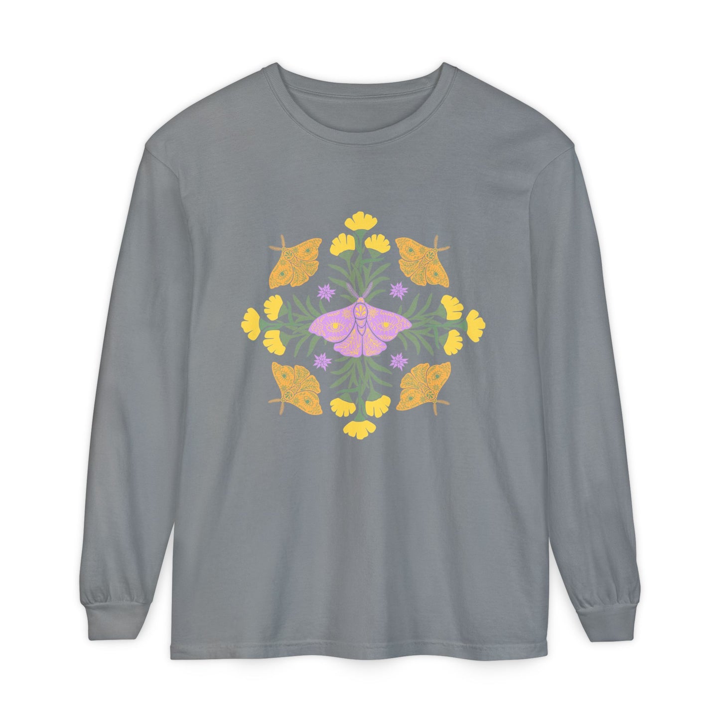 Grey  long-sleeve crewneck t-shirt featuring a colorful central graphic of a purple butterfly surrounded by yellow flowers and green leaves, with orange butterflies on either side. A mandala.