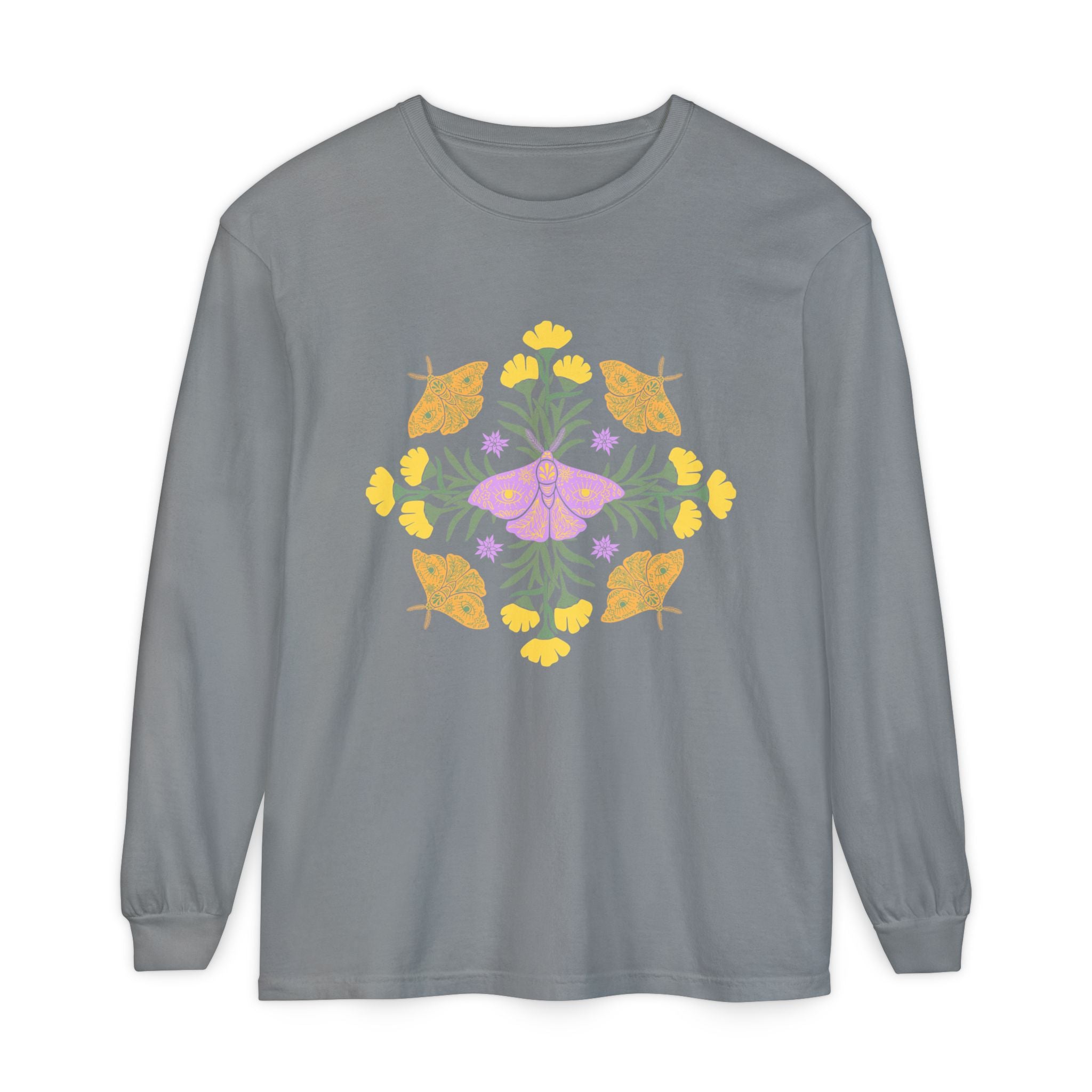 Grey  long-sleeve crewneck t-shirt featuring a colorful central graphic of a purple butterfly surrounded by yellow flowers and green leaves, with orange butterflies on either side. A mandala.