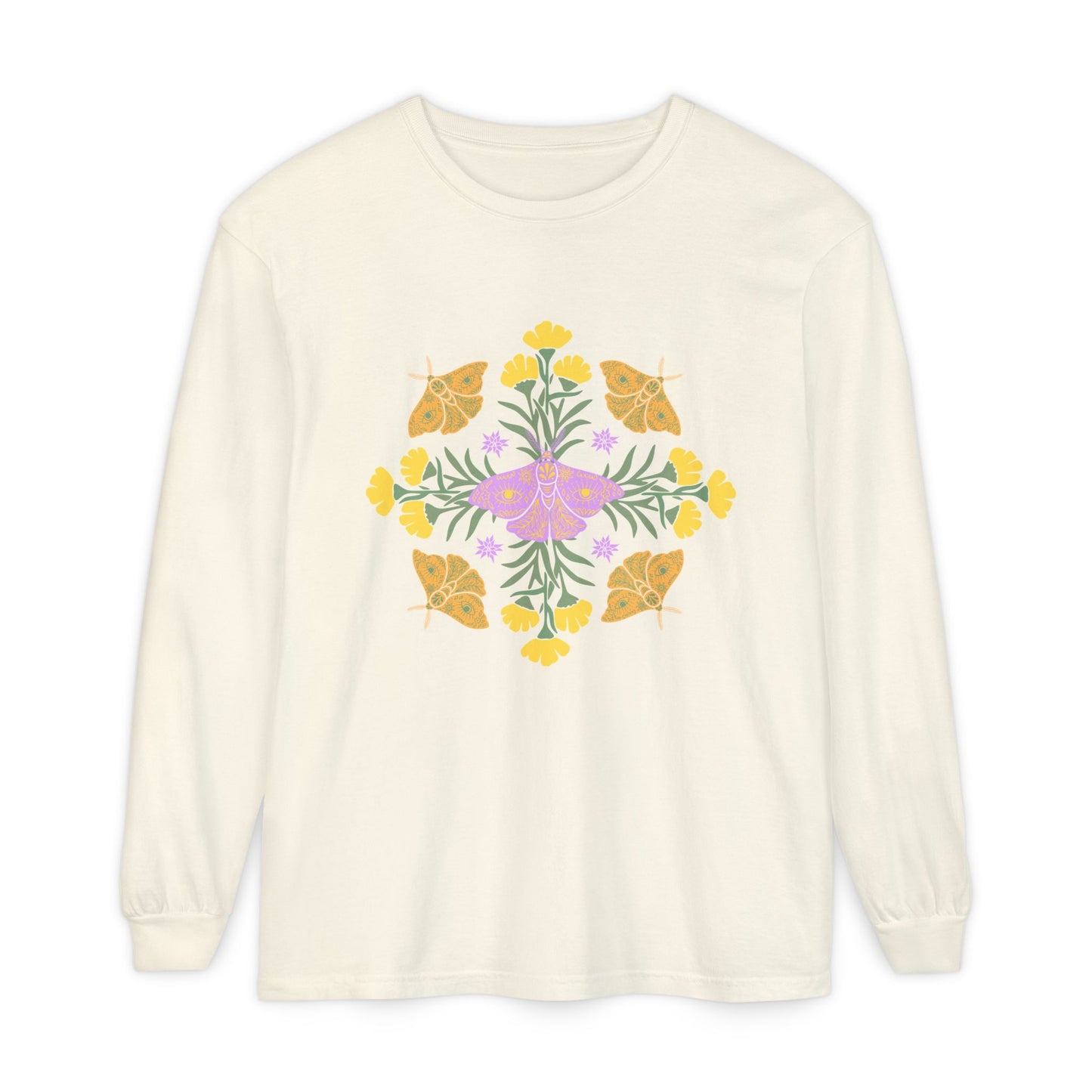 An off-white long-sleeve crewneck t-shirt featuring a colorful central graphic of a purple butterfly surrounded by yellow flowers and green leaves, with orange butterflies on either side. A mandala.