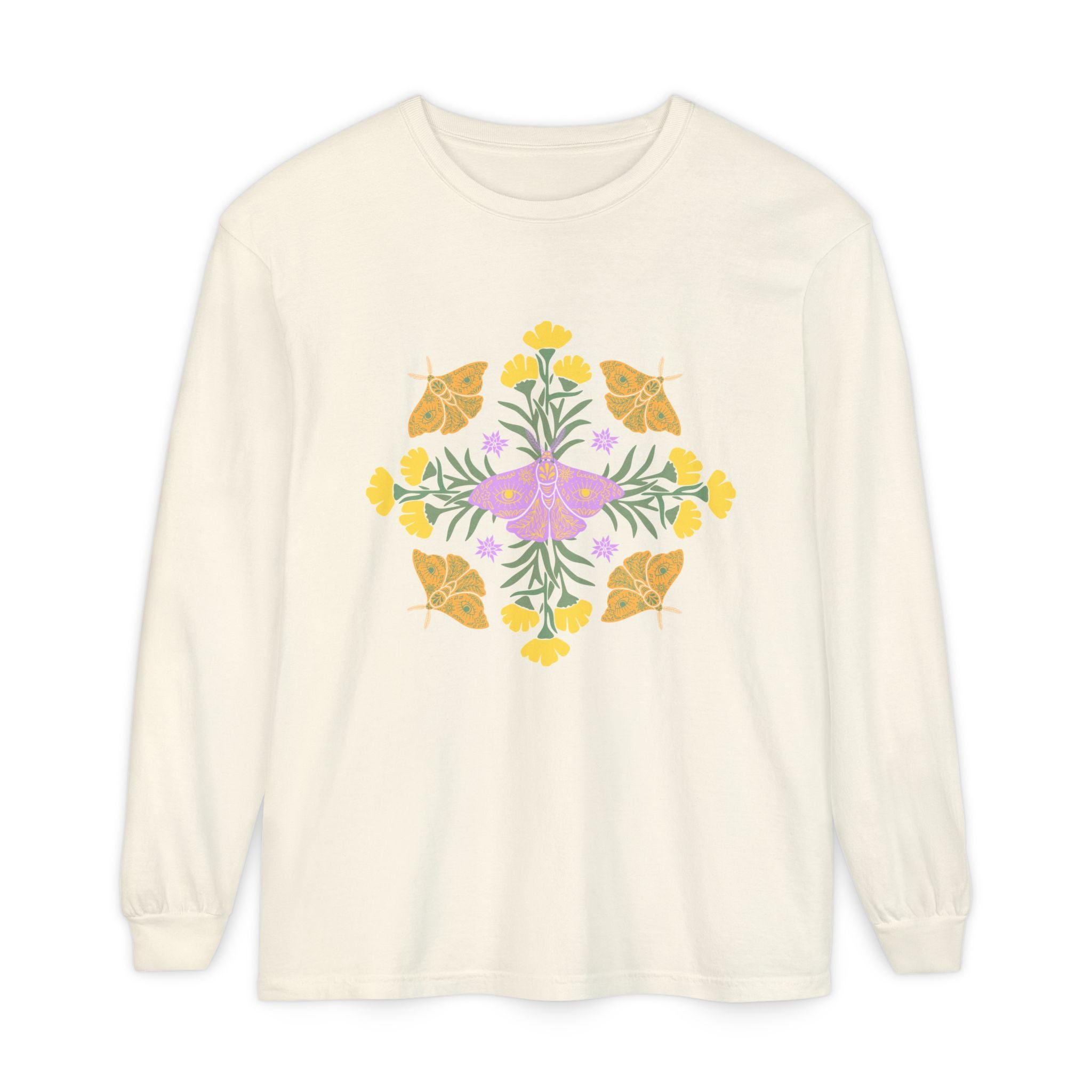An off-white long-sleeve crewneck t-shirt featuring a colorful central graphic of a purple butterfly surrounded by yellow flowers and green leaves, with orange butterflies on either side. A mandala.