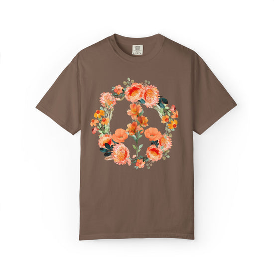 Brown t-shirt with a floral peace symbol design on a white background