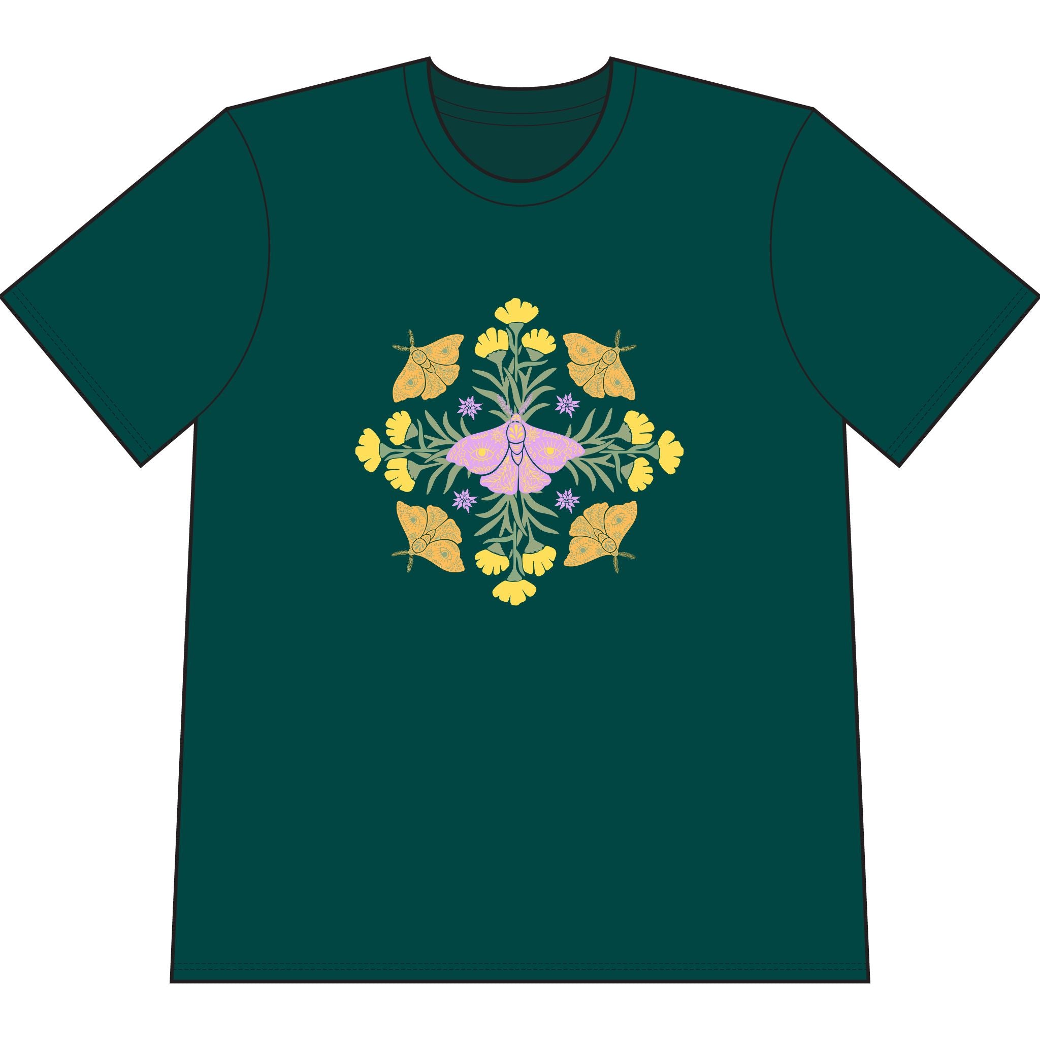 Green organic cotton t-shirt with graphic of butterflies and flowers in shape of a mandala.