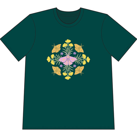 Green organic cotton t-shirt with graphic of butterflies and flowers in shape of a mandala.