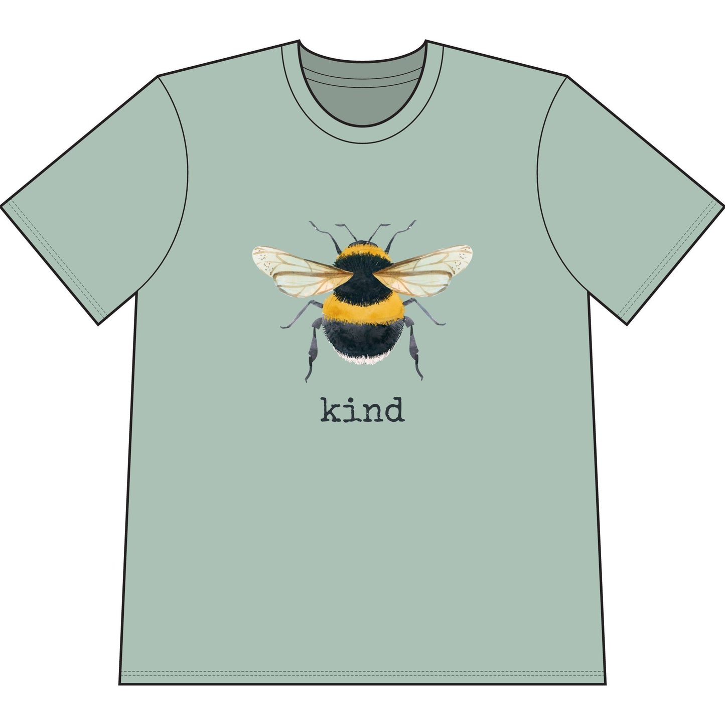 Green rganic cotton short sleeve, crew neck t-shirt has graphic of a bumble bee and text that says "kind"