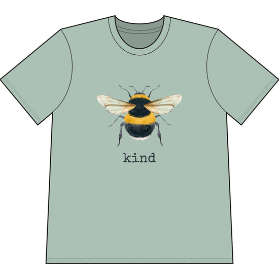 Green rganic cotton short sleeve, crew neck t-shirt has graphic of a bumble bee and text that says "kind"
