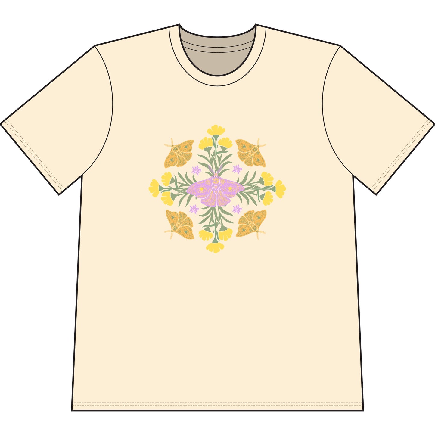 Ivory organic cotton t-shirt with graphic of butterflies and flowers in shape of a mandala.