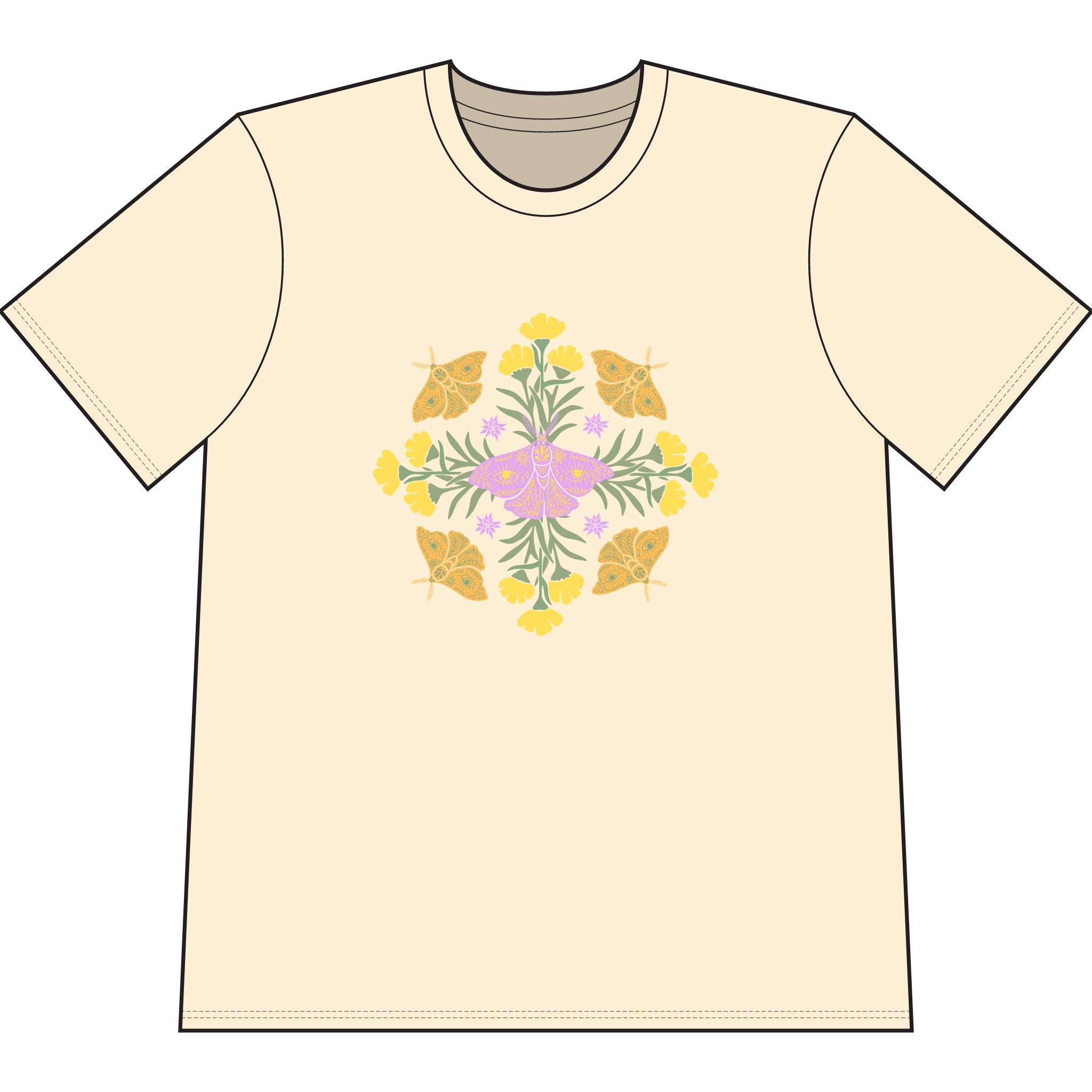 Ivory organic cotton t-shirt with graphic of butterflies and flowers in shape of a mandala.