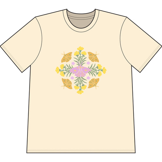 Ivory organic cotton t-shirt with graphic of butterflies and flowers in shape of a mandala.