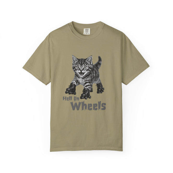 Beige t-shirt with a graphic of a kitten on roller skates and 'Hell on Wheels' text on a white background