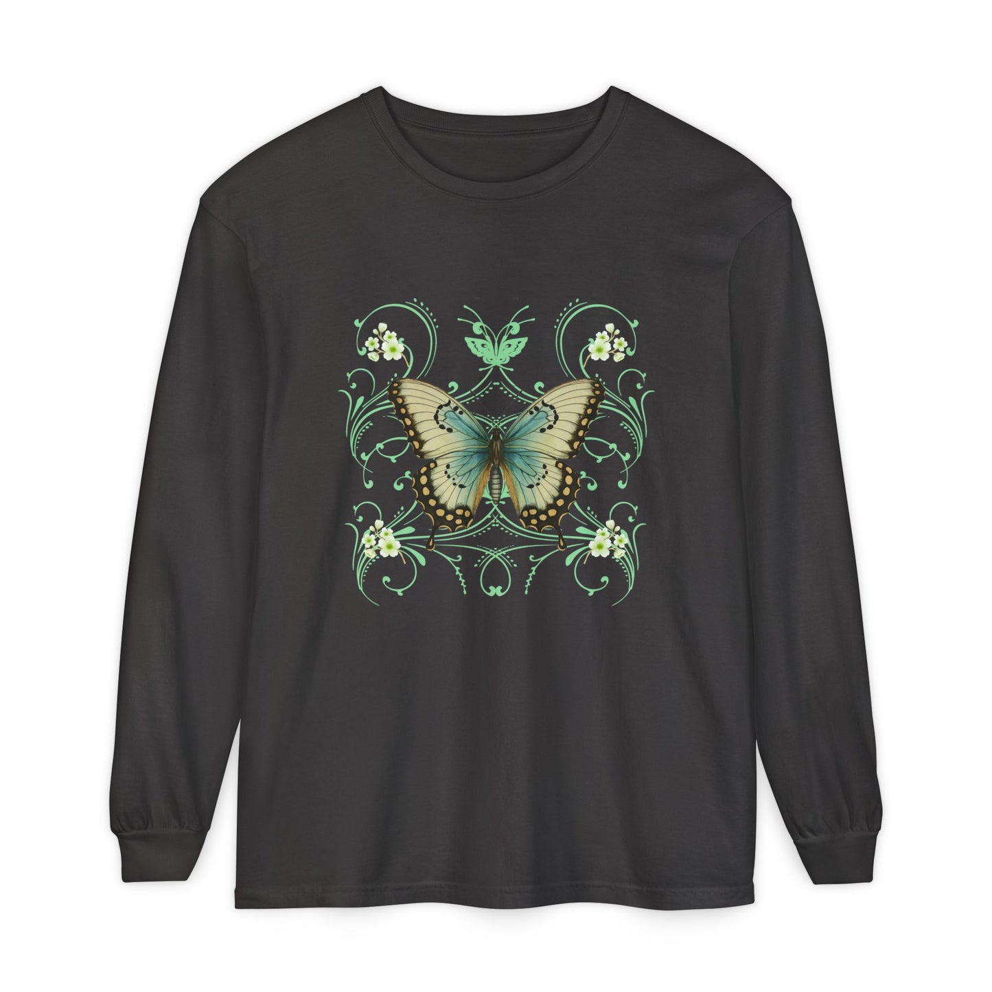 Black long sleeve, crew neck cotton t shirt has graphic pf a butterfly and  in a 90's style design.