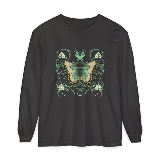 Black long sleeve, crew neck cotton t shirt has graphic pf a butterfly and  in a 90's style design.