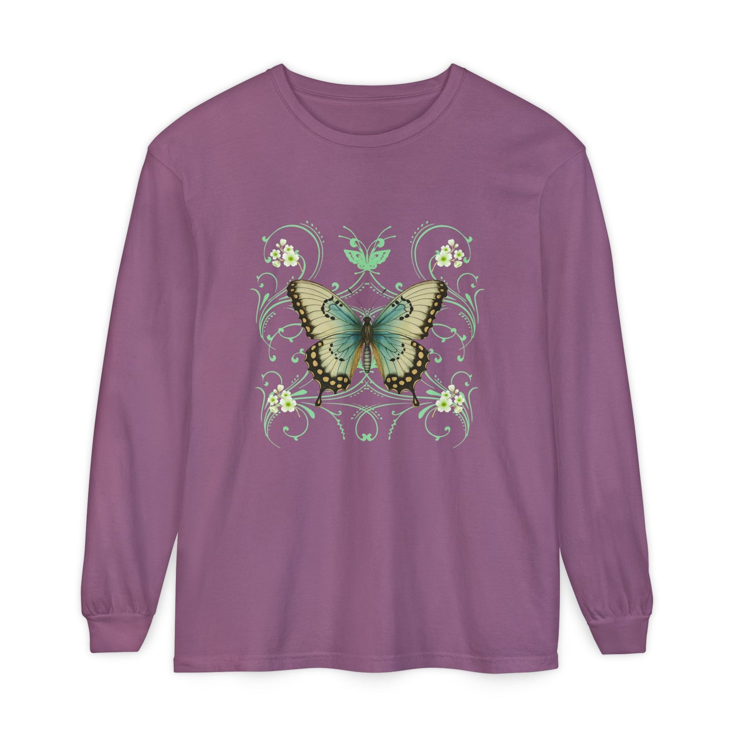 Purple long sleeve, crew neck cotton t shirt has graphic pf a butterfly and  in a 90's style design.