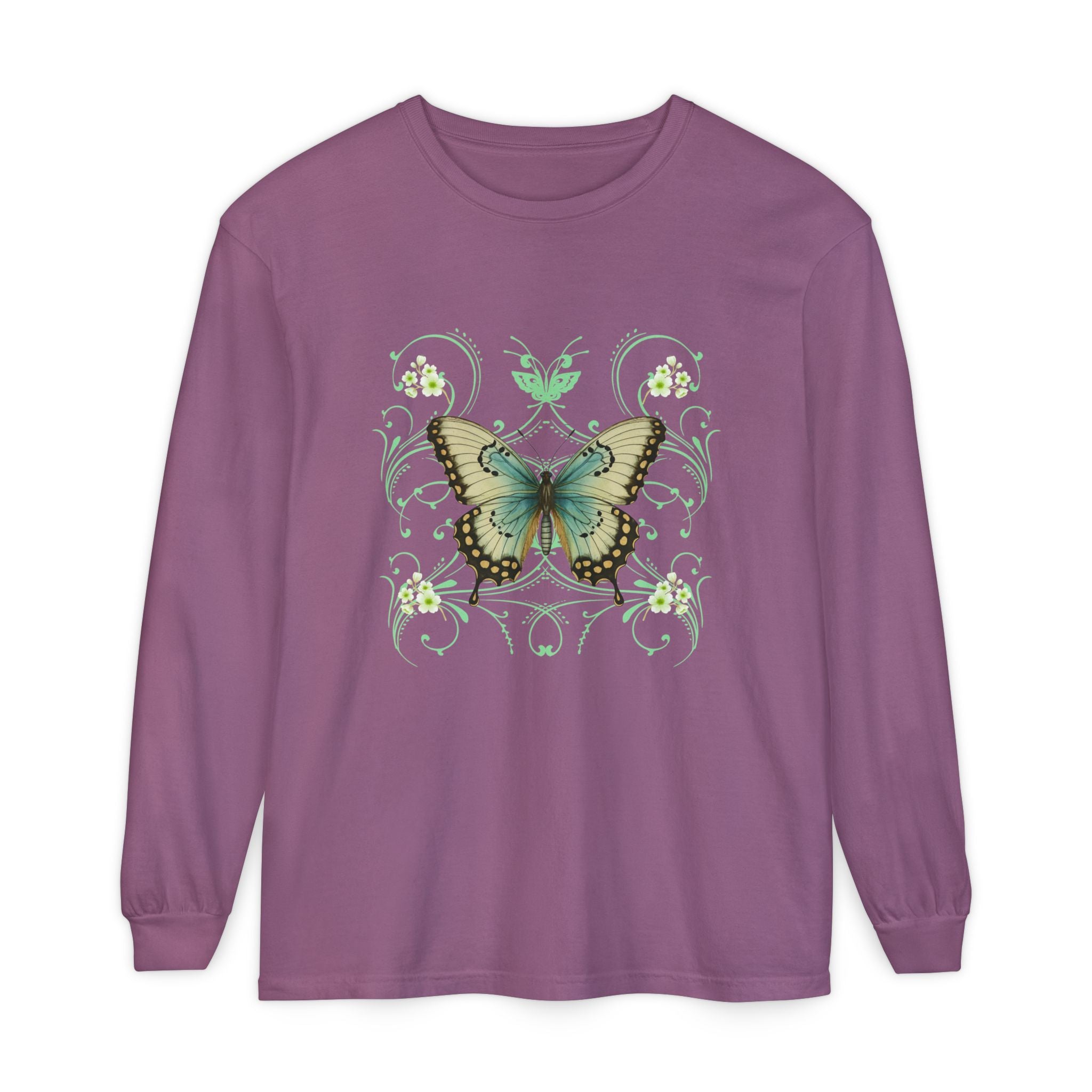 Purple long sleeve, crew neck cotton t shirt has graphic pf a butterfly and  in a 90's style design.