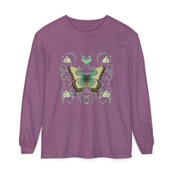 Purple long sleeve, crew neck cotton t shirt has graphic pf a butterfly and  in a 90's style design.