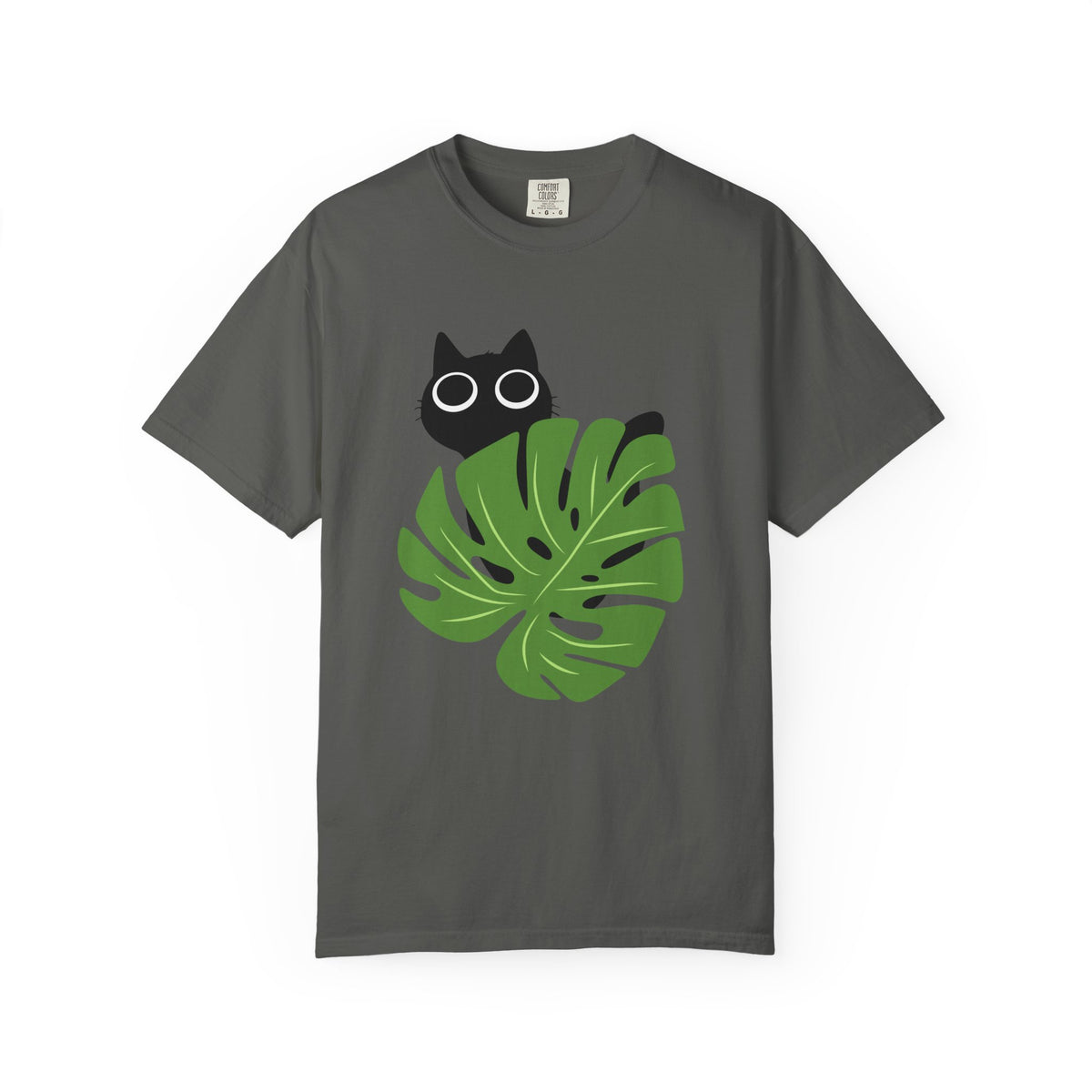 Vintage Black short-sleeve crewneck t-shirt featuring a graphic of a black cat peeking over a green monstera leaf with white-rimmed glasses, displayed on a clean white background.