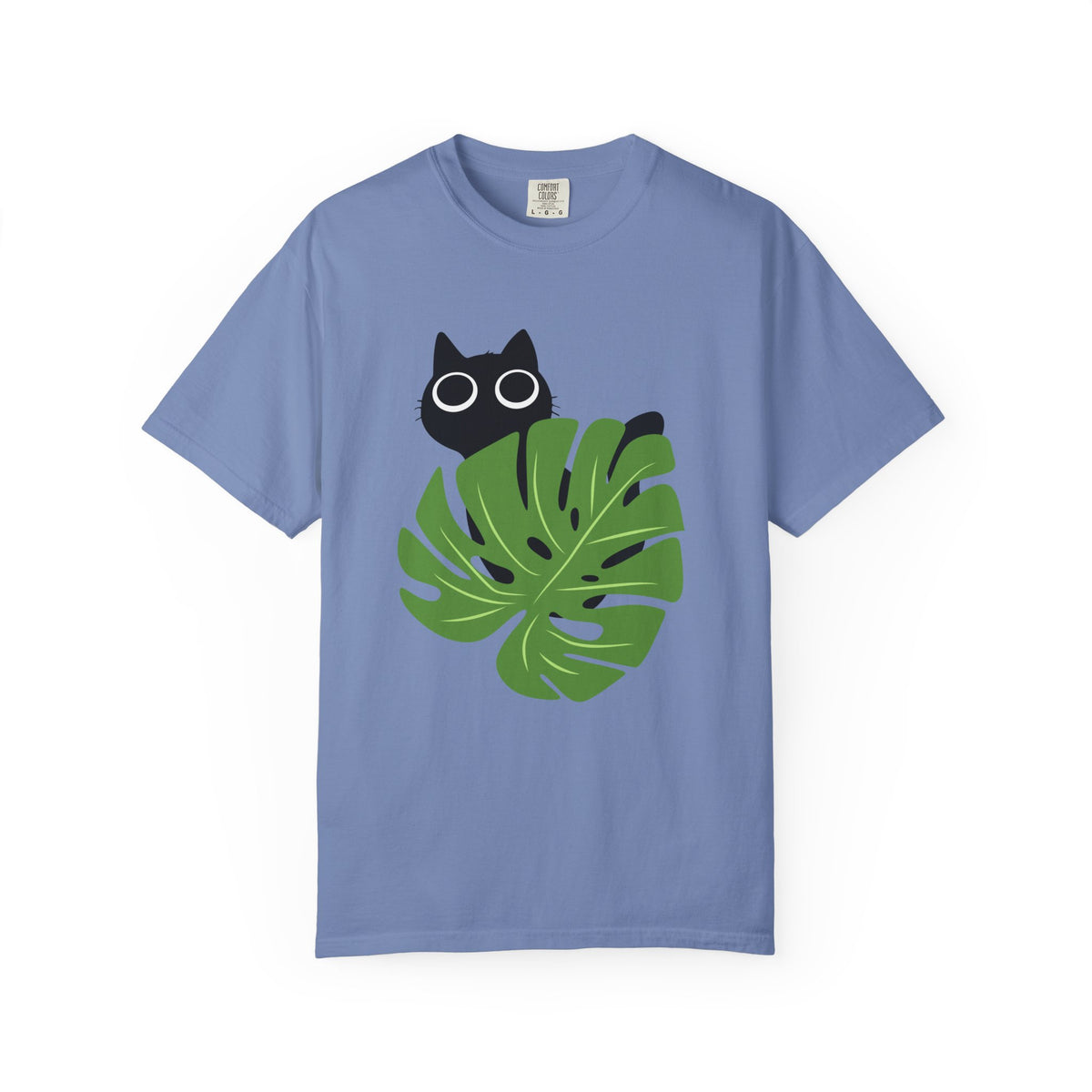 Blue  short-sleeve crewneck t-shirt featuring a graphic of a black cat peeking over a green monstera leaf with white-rimmed glasses, displayed on a clean white background.
