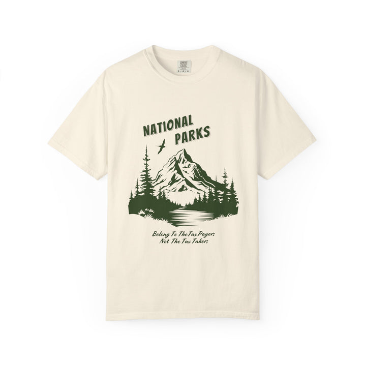 Beige t-shirt with national parks graphic and text on a white background