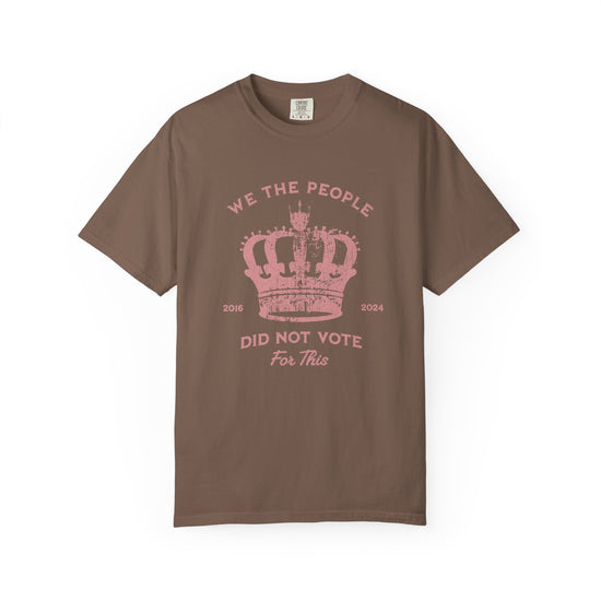 Brown t-shirt with pink text and crown graphic and text says 'No Kings'