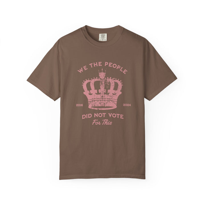 Brown t-shirt with pink text and crown graphic and text says 'No Kings'