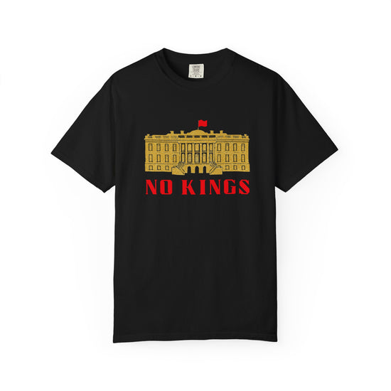 Black T-shirt with gold white house says "No Kings"  in red.