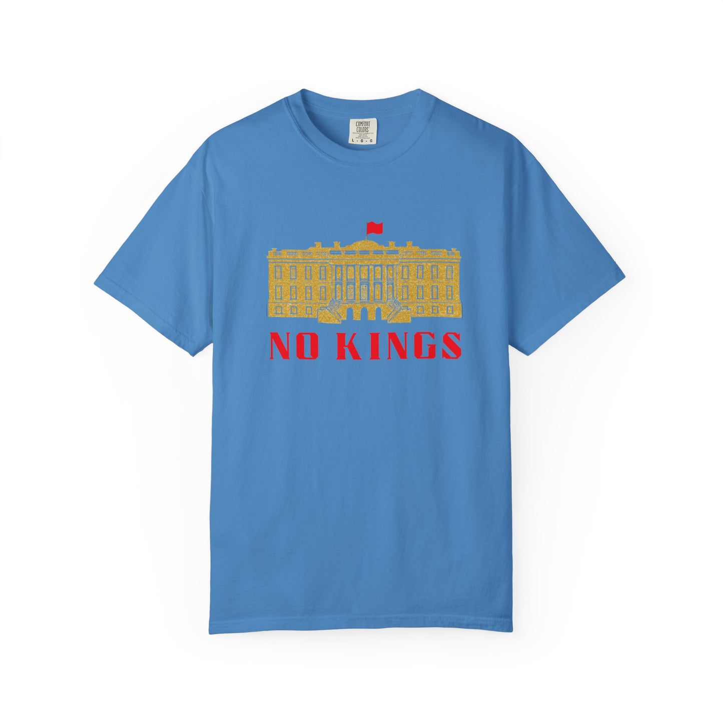 Blue  T-shirt with gold white house says "No Kings"  in red.