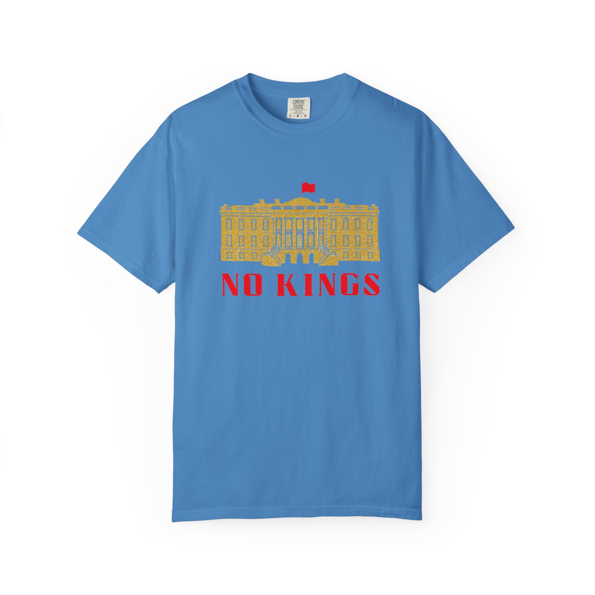 Blue  T-shirt with gold white house says "No Kings"  in red.