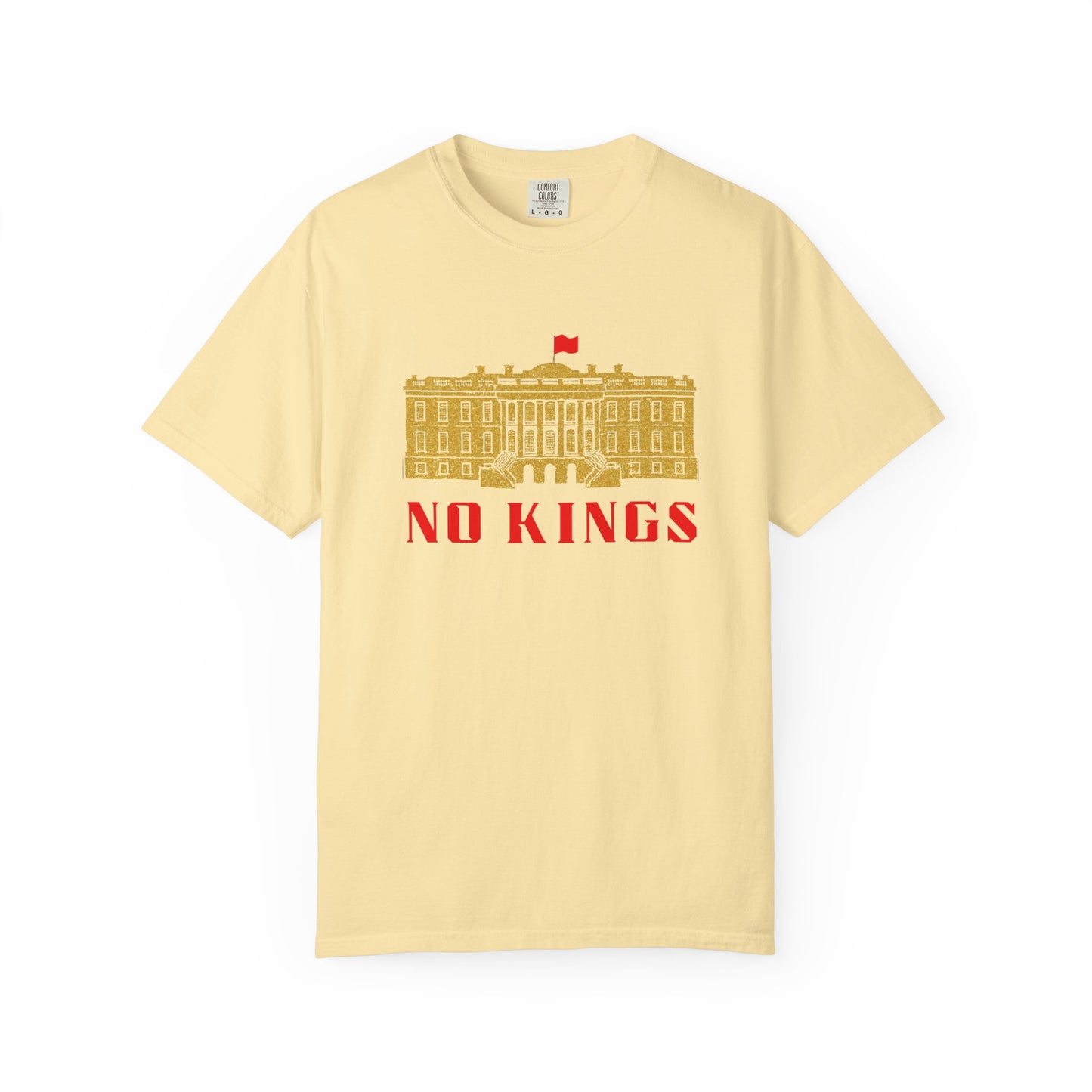 Yellow T-shirt with gold white house says "No Kings"  in red.