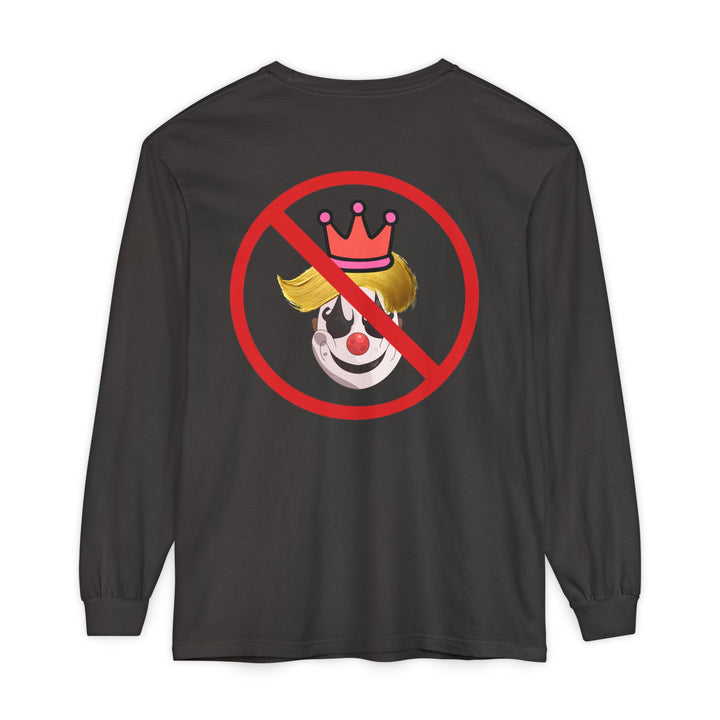 A dark charcoal gray long-sleeve t-shirt with a graphic print on the back. The graphic features a clown face with yellow hair and a pink crown, overlaid with a red prohibition symbol (circle with a diagonal slash). 