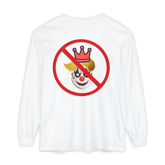 A white gray long-sleeve t-shirt with a graphic print on the back. The graphic features a clown face with yellow hair and a pink crown, overlaid with a red prohibition symbol (circle with a diagonal slash). 