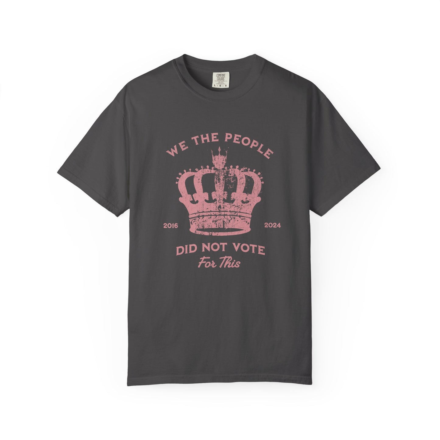 Black t-shirt with pink text and crown graphic and text says 'No Kings'