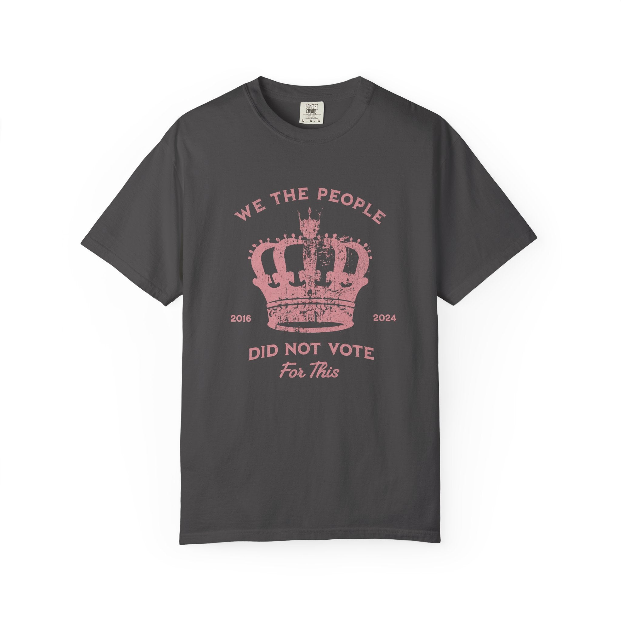 Black t-shirt with pink text and crown graphic and text says 'No Kings'