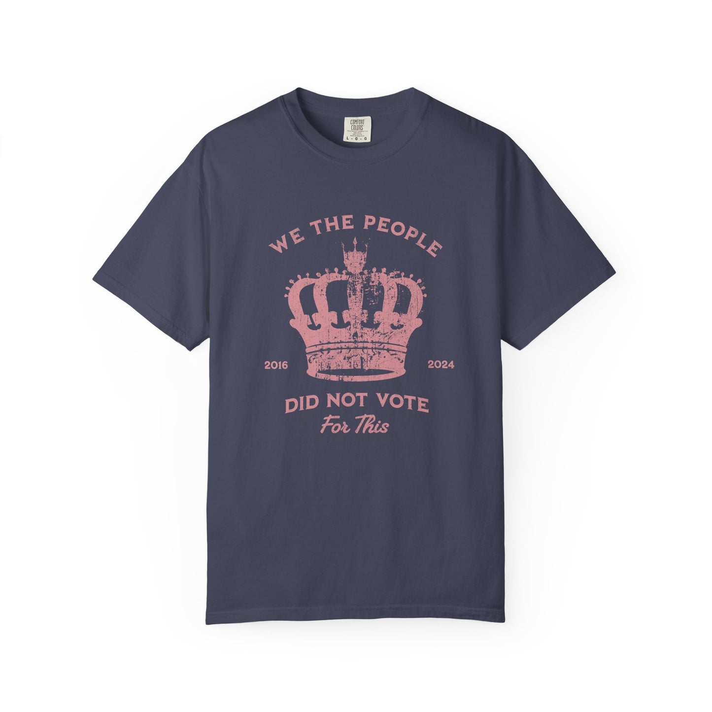 Blue t-shirt with pink text and crown graphic and text says 'No Kings'