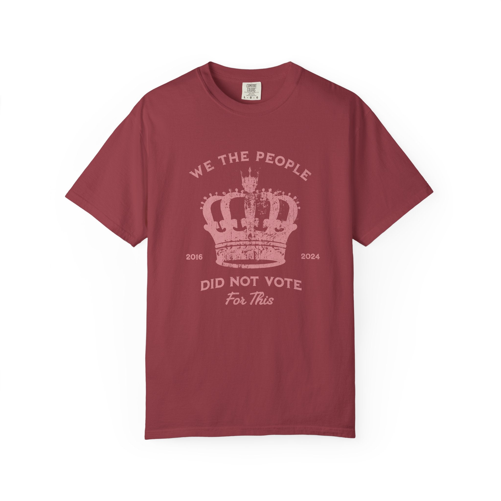 Red t-shirt with pink text and crown graphic and text says 'No Kings'