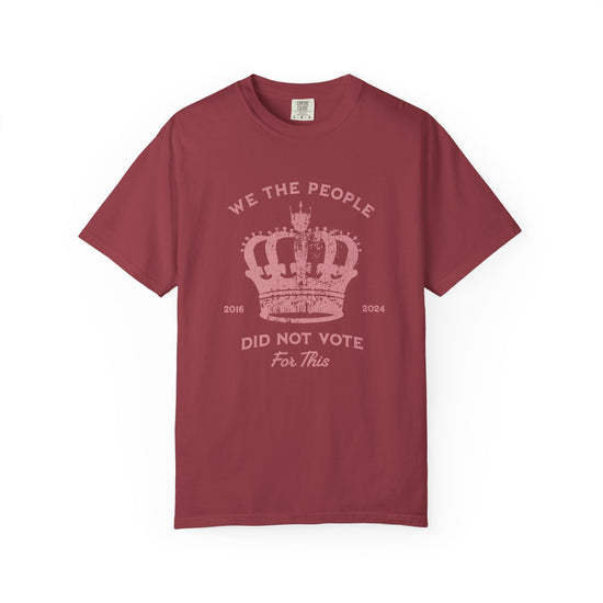 Red t-shirt with pink text and crown graphic and text says 'No Kings'