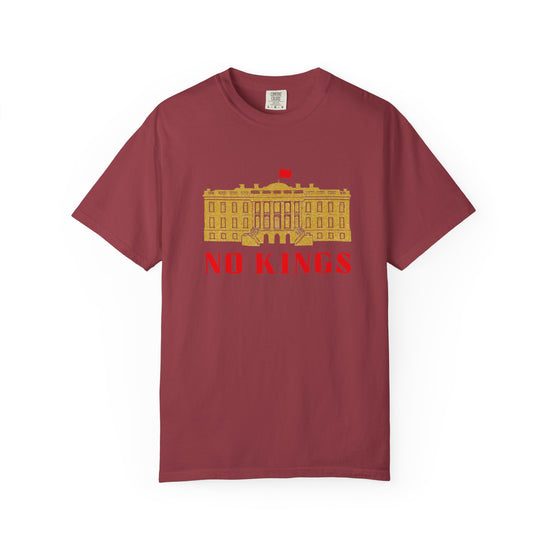 Red T-shirt with gold white house says "No Kings"  in red.
