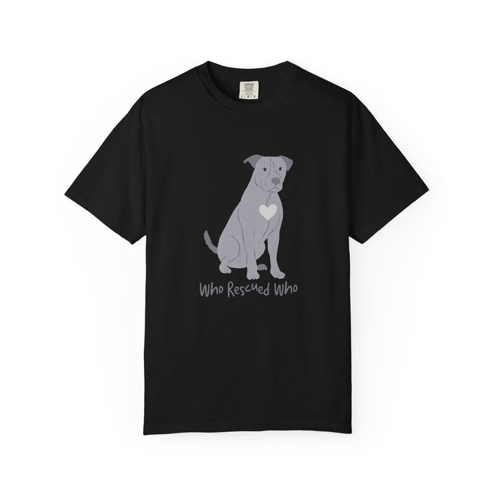 Black short-sleeve crewneck t-shirt featuring a graphic of a pit bull dog with a white heart on its chest sitting and the text 'Who Rescued Who' printed below it.
