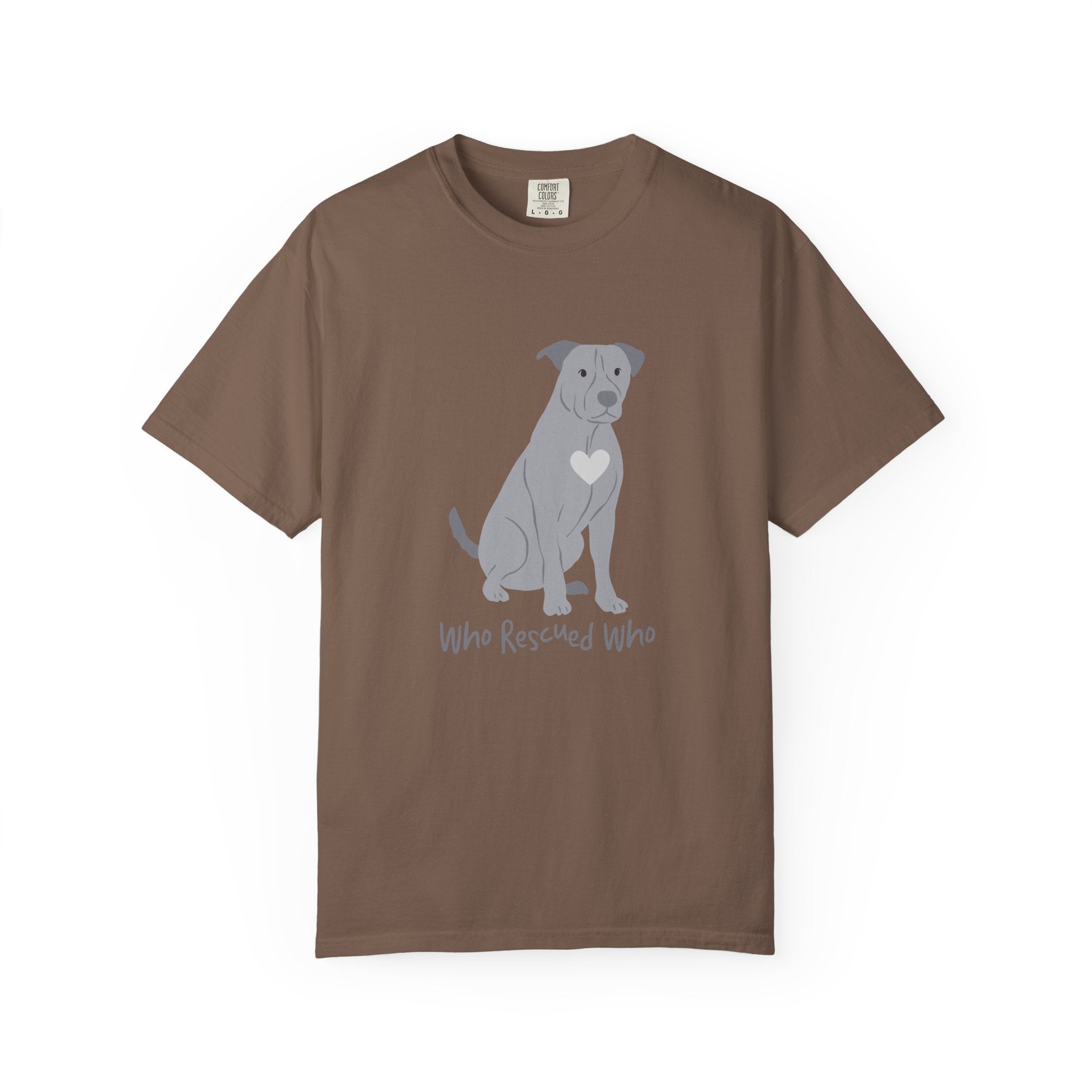 Brown short-sleeve crewneck t-shirt featuring a graphic of a pit bull dog with a white heart on its chest sitting and the text 'Who Rescued Who' printed below it.