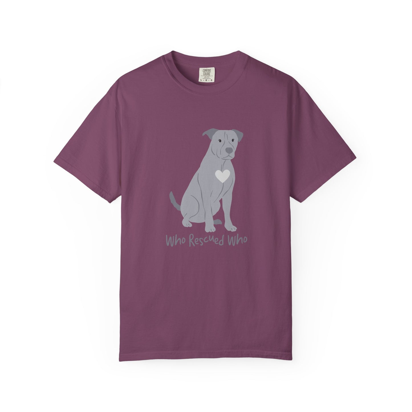 Purple short-sleeve crewneck t-shirt featuring a graphic of a pit bull dog with a white heart on its chest sitting and the text 'Who Rescued Who' printed below it.