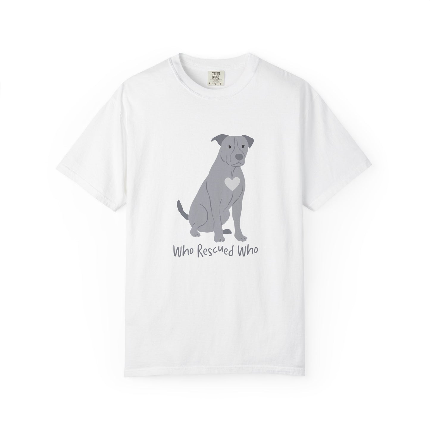 A white short-sleeve crewneck t-shirt featuring a graphic of a pit bull dog with a white heart on its chest sitting and the text 'Who Rescued Who' printed below it.