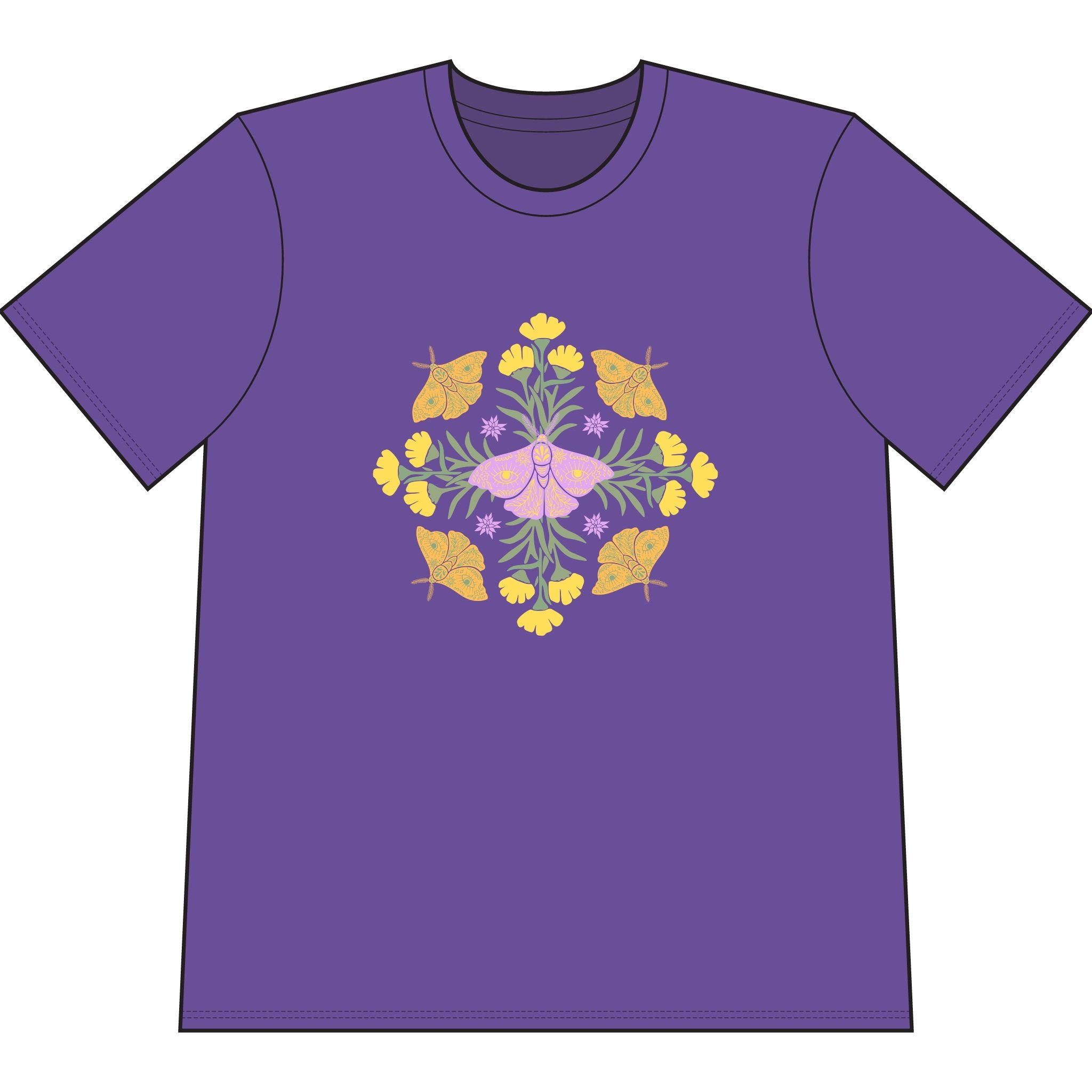 Purple organic cotton t-shirt with graphic of butterflies and flowers in shape of a mandala.