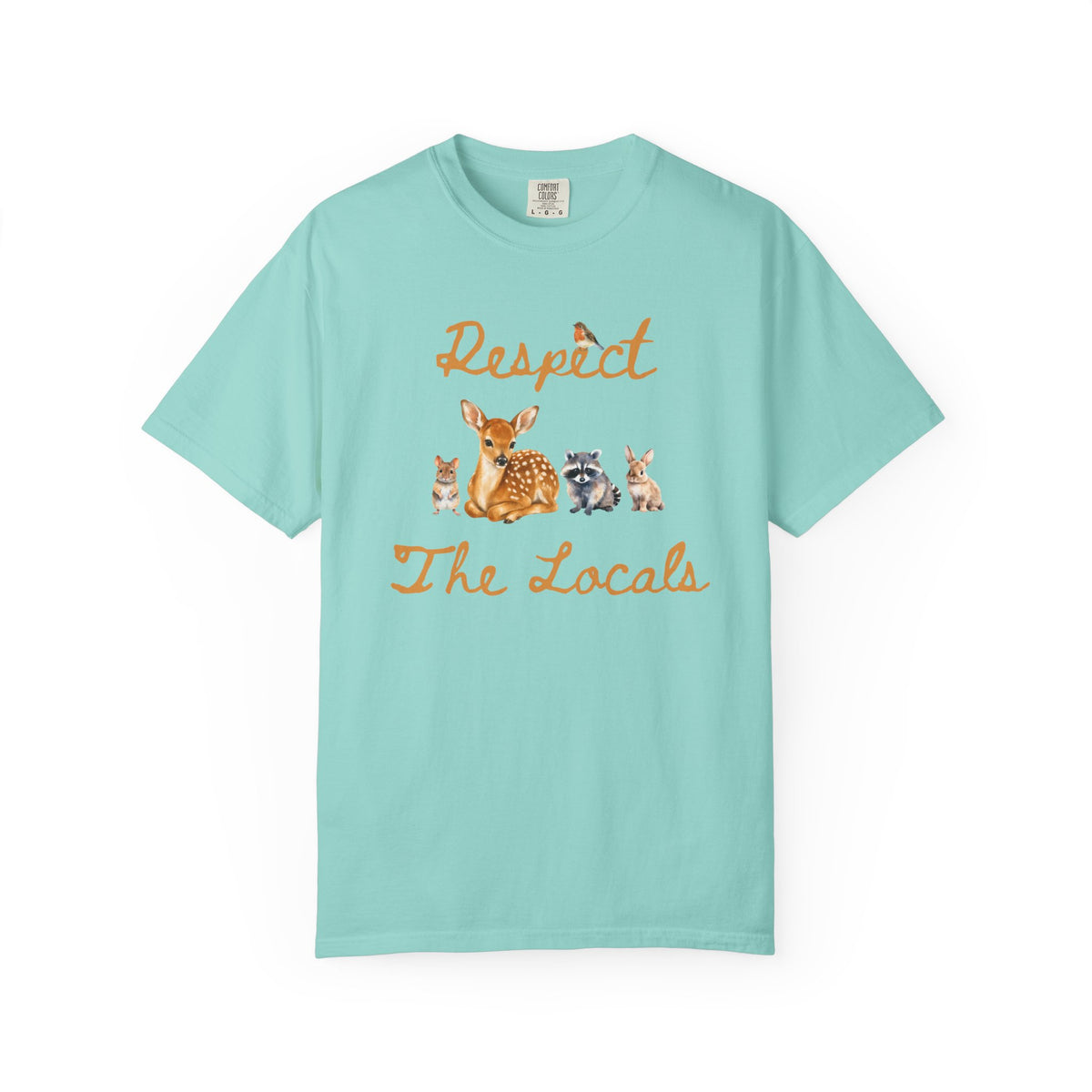 Blue short-sleeve crewneck t-shirt featuring a graphic print of a fawn, a raccoon, and a rabbit under the text 'Respect The Locals' in orange-brown script.
