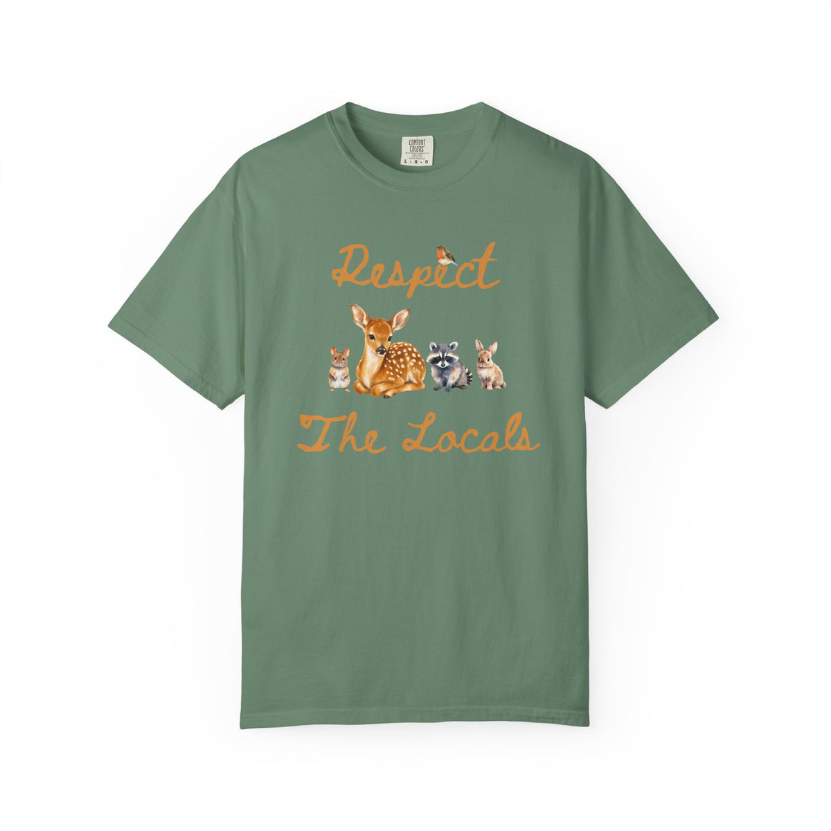 Green short-sleeve crewneck t-shirt featuring a graphic print of a fawn, a raccoon, and a rabbit under the text 'Respect The Locals' in orange-brown script.