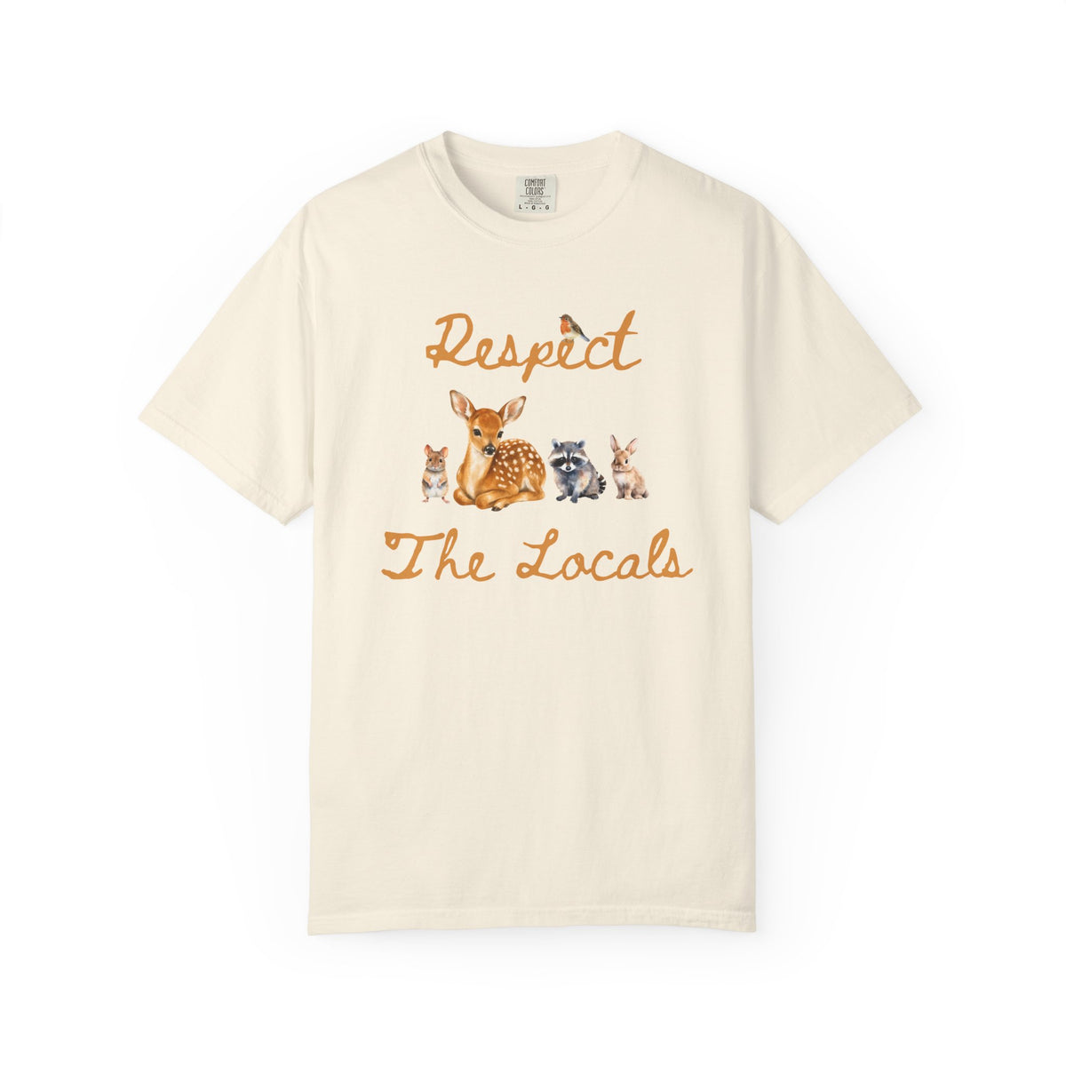 An off-white short-sleeve crewneck t-shirt featuring a graphic print of a fawn, a raccoon, and a rabbit under the text 'Respect The Locals' in orange-brown script.