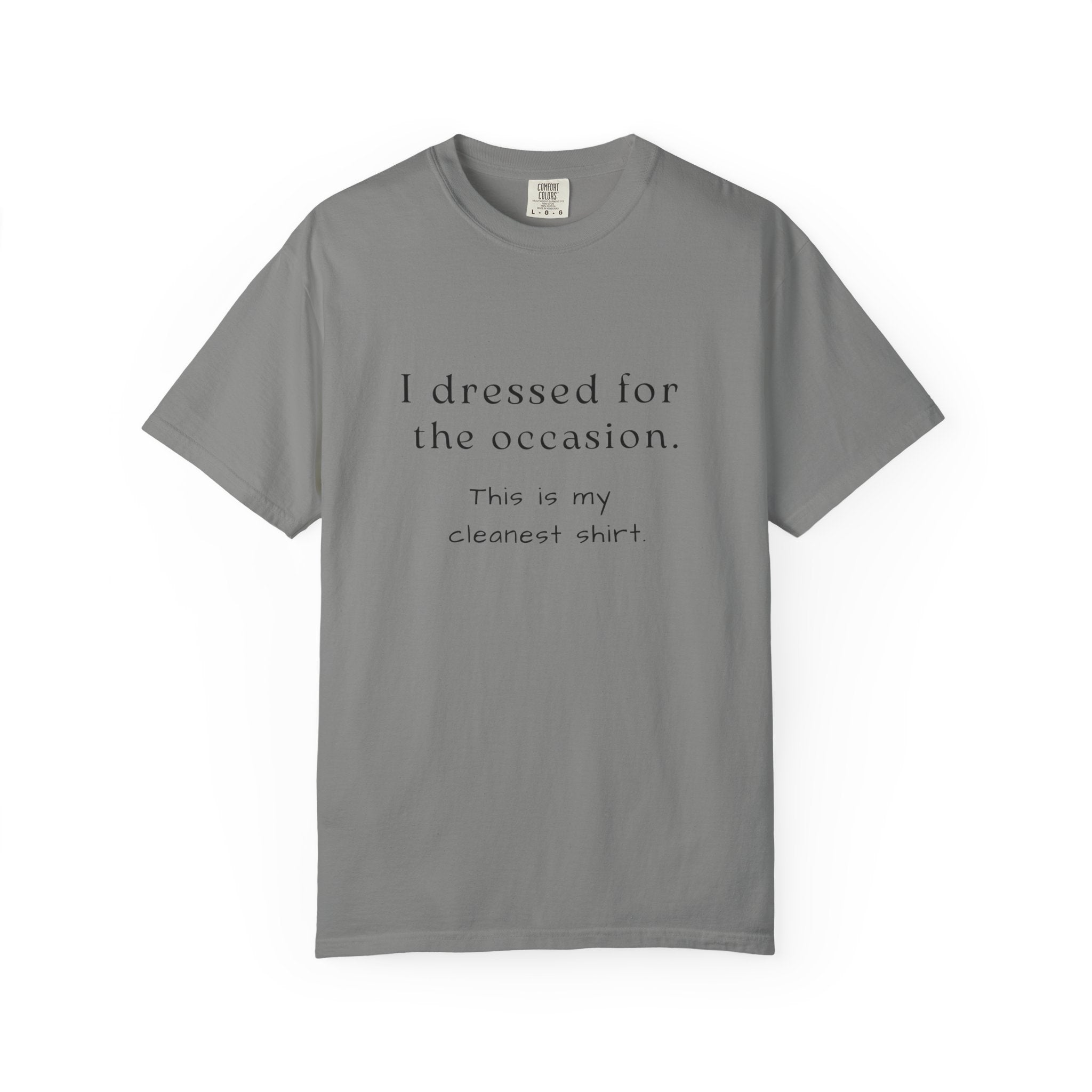 Grey t-shirt with text that says "I dressed for the occasion, this is my cleanest shirt."